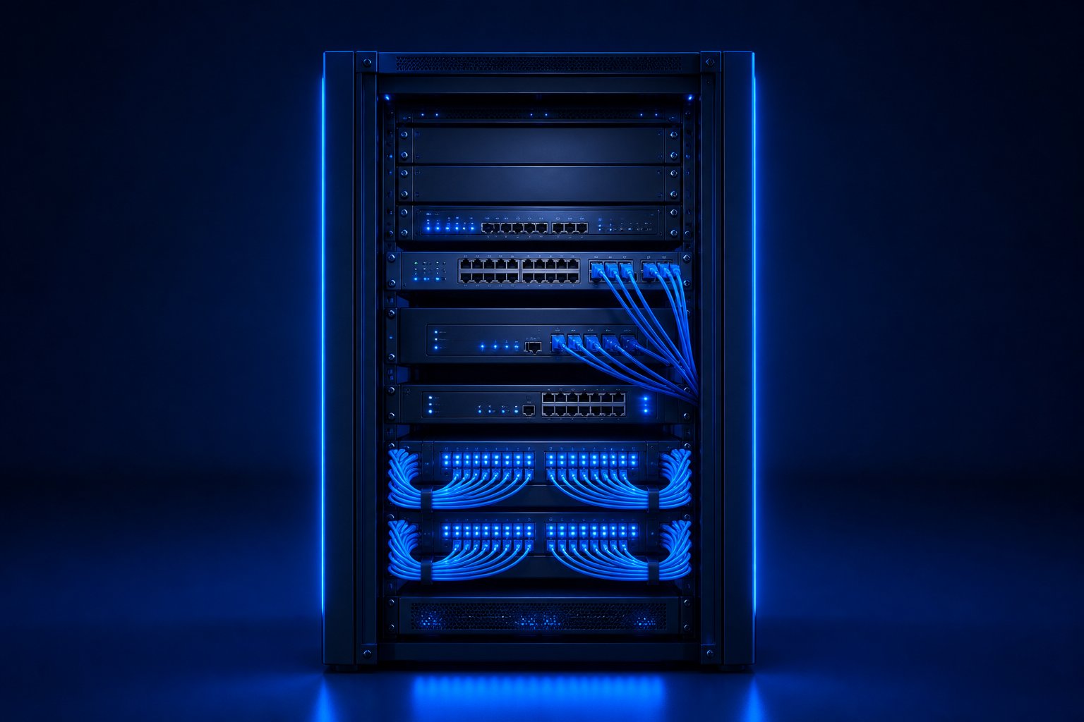 Enterprise network rack, switches, and fiber infrastructure